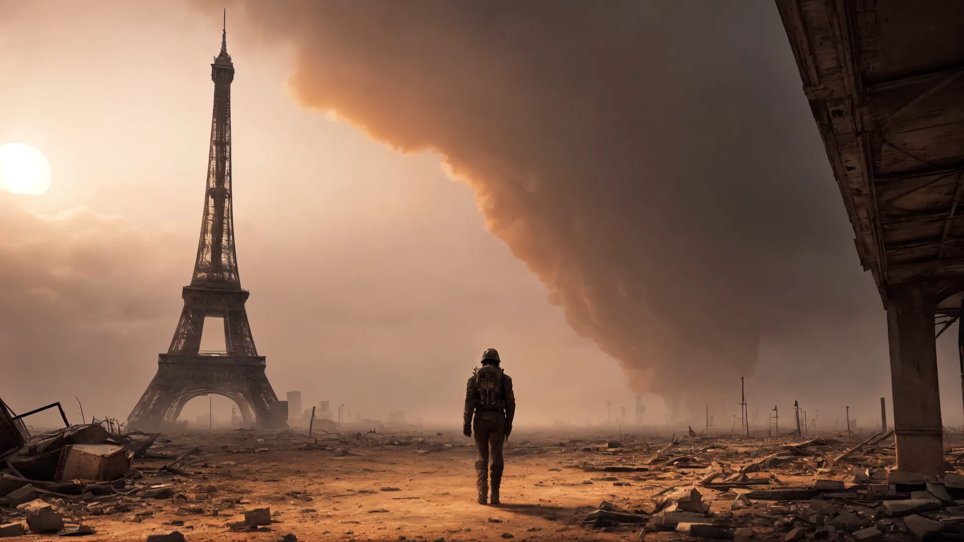 a tower that has a man walking in it with the lights on at night and dark clouds behind it and brown dirt surrounding it and rubble is behind it
