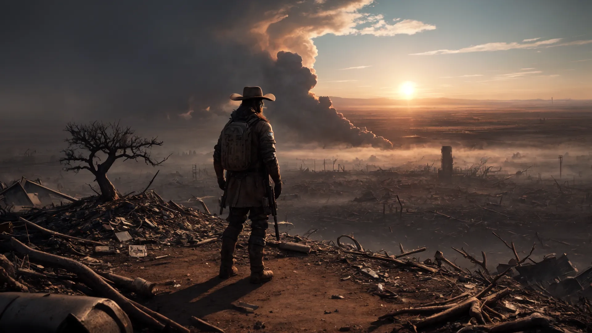 a person standing in front of a sunset on a barren road with smoke in the sky, trees and debris strewn on the ground,
