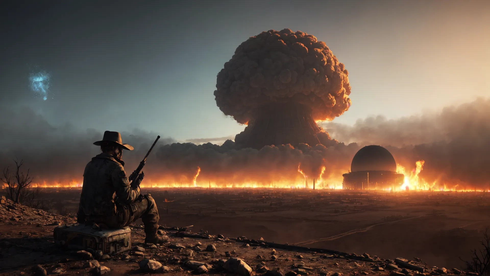 an explosion seen in a deserted desert with people, guns and rifles looking at the earth with burning coal dust and rocks surrounding it as the area on the horizon
