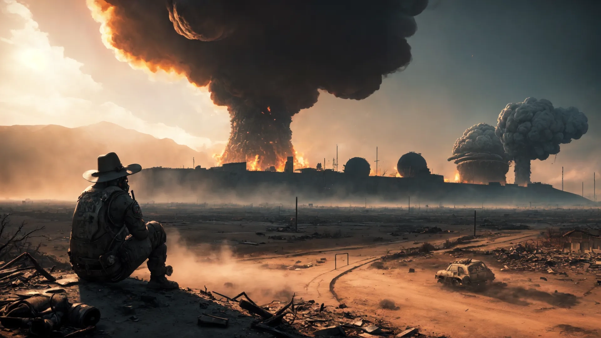 a lone soldier is looking at the smoke from a fire in front of a factory burning nearby with trees and plants, dust everywhere, and desert
