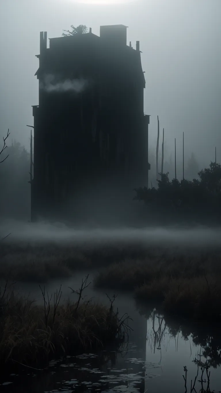 an abandoned building in the woods by a river at night with the sun shining through the window and foging surrounding a body of water
