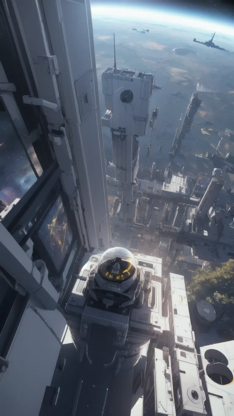 some sci fiction looking buildings seen from a vantage high above the planet below with just one person inside the building looking at planets nearby on
