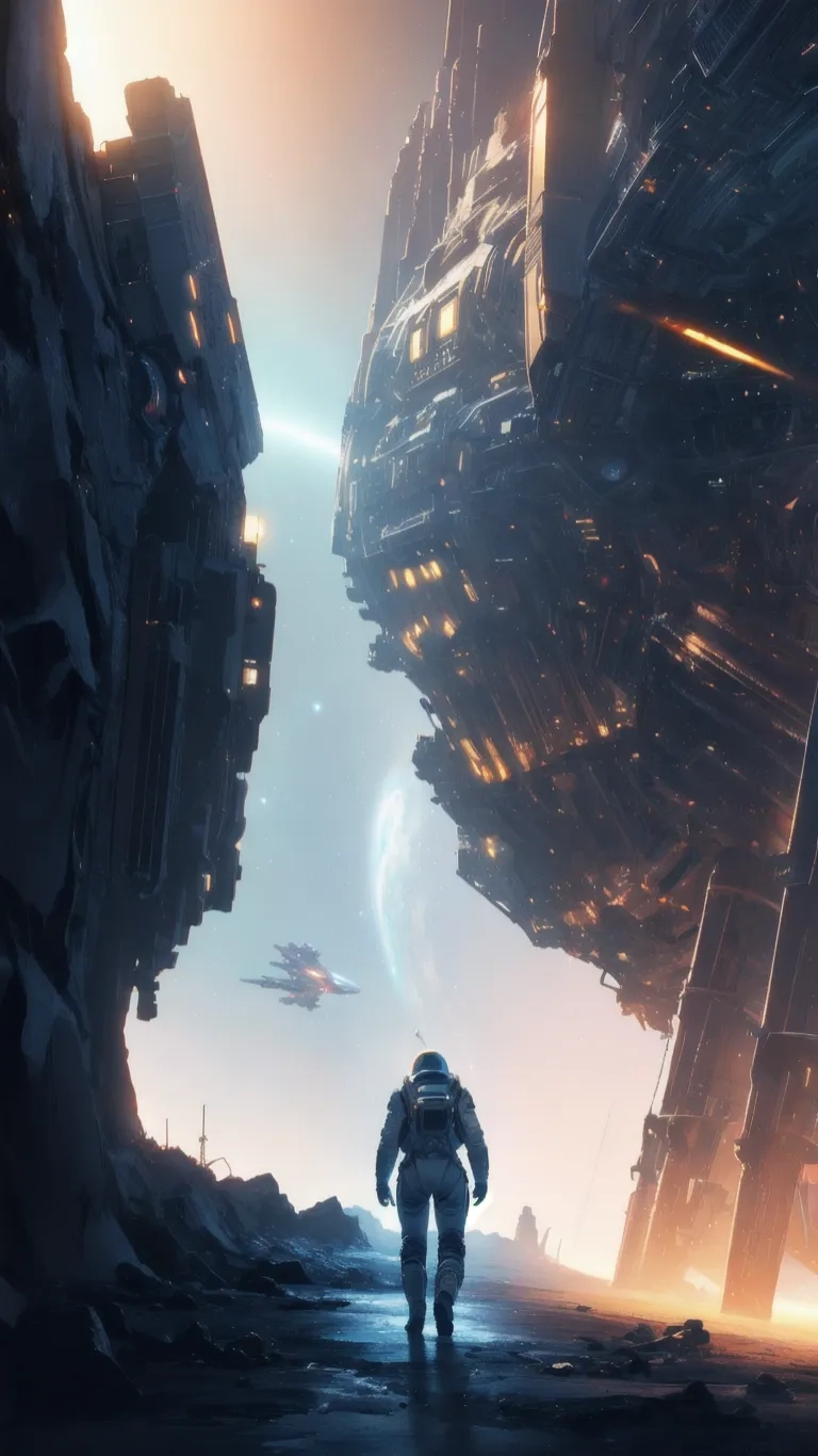 there is an astronaut standing near the end of a planet in sci - fiction style, with flying planes and space ships in the background
