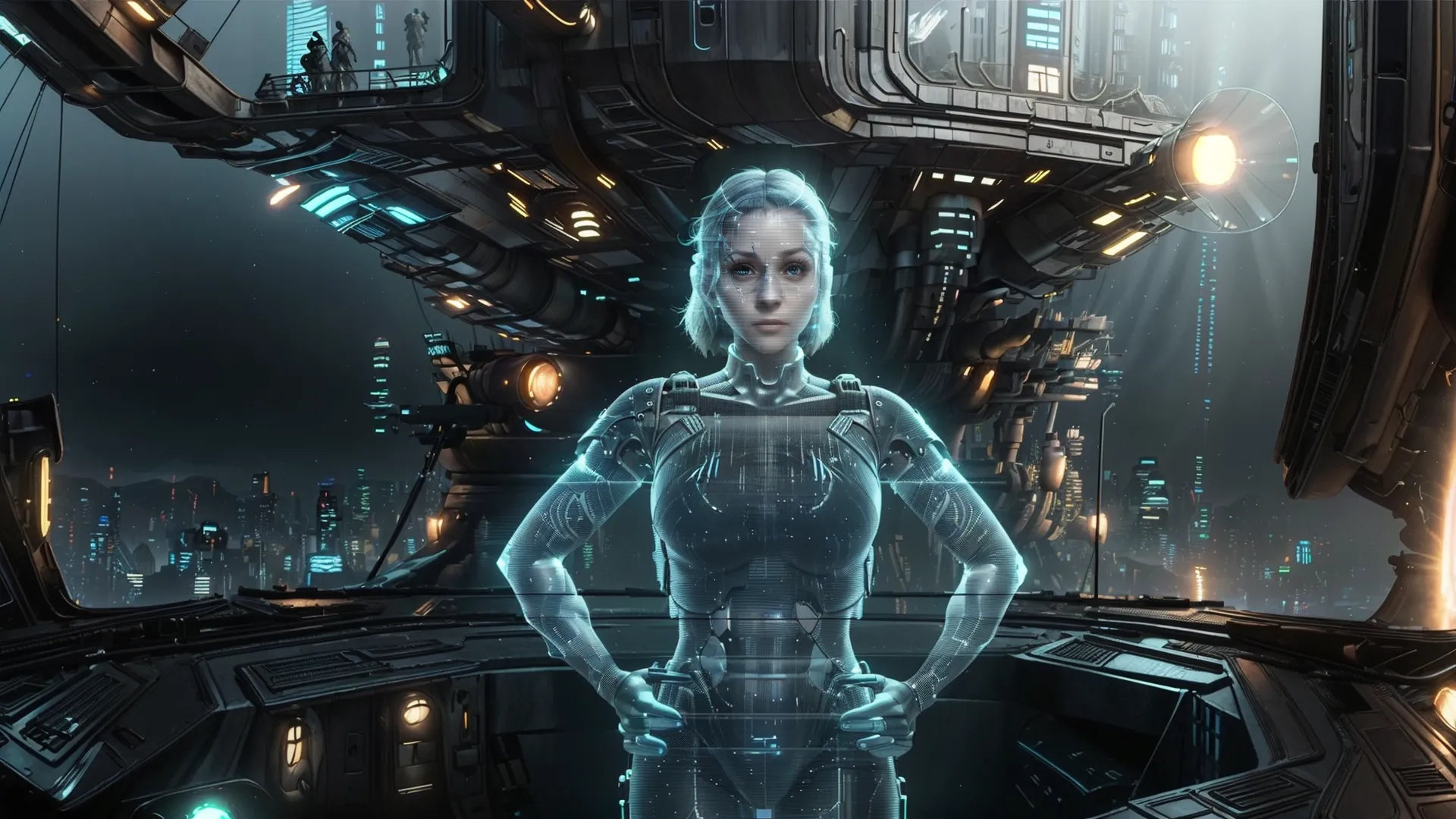 a woman wearing futuristic clothing standing in front of a space station on an alien surface, glowing brightly behind her is an area with lights
