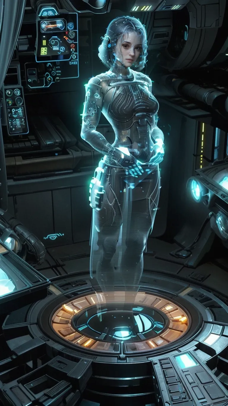 a futuristic female standing in front of an open space station with lights on the floor and an orb in the center of her chest and arms
