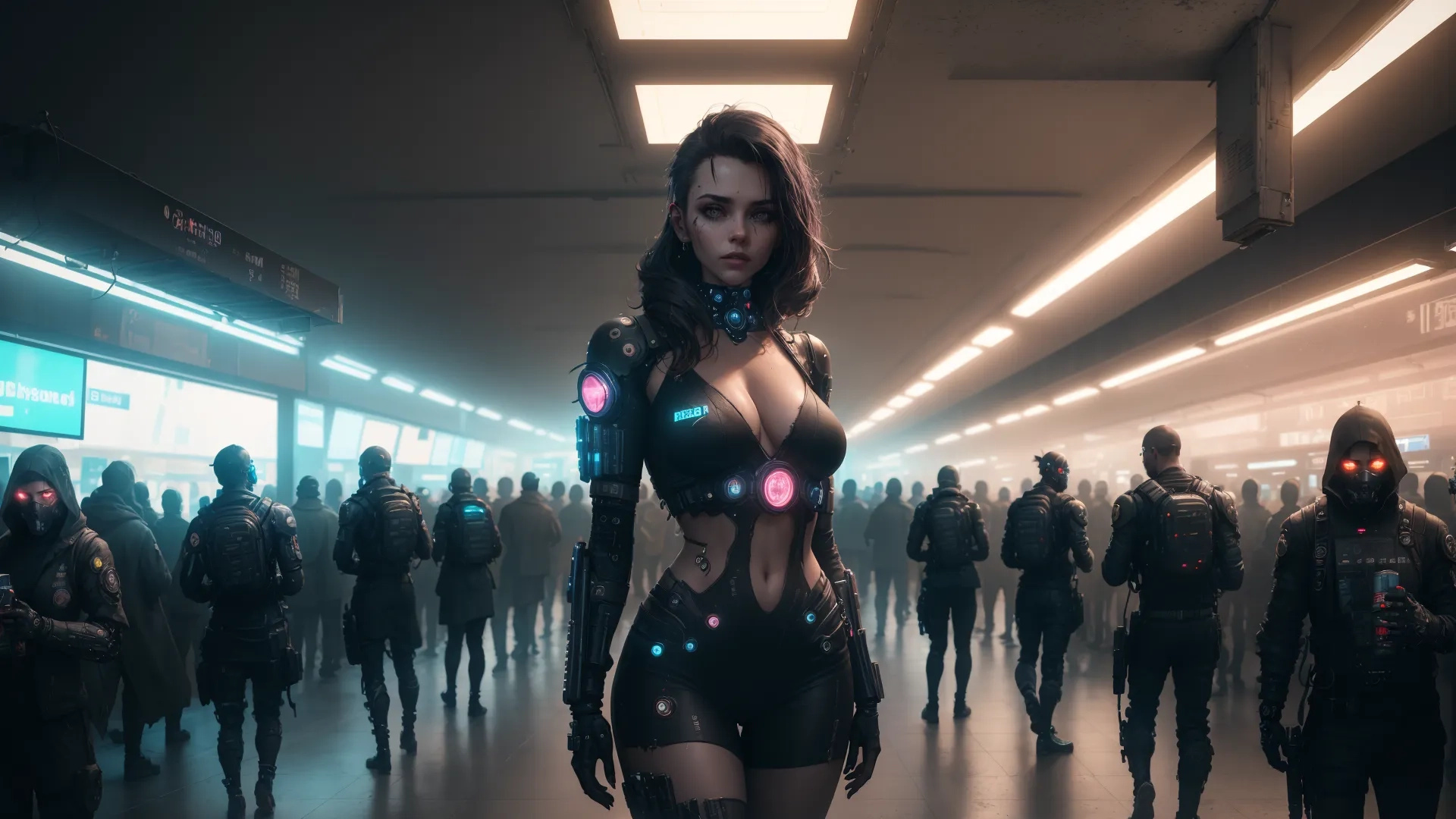 young and futuristic woman walking with sci - fiction gear and led headlights, standing in a subway area surrounded by others wearing costumed clothing
