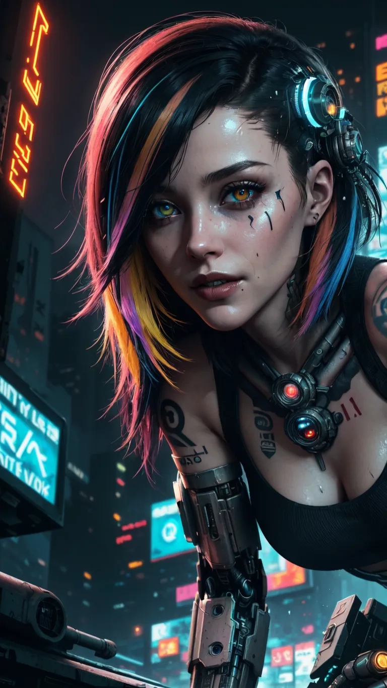 cyber cyberpunkr girl with colorful hair and gun is staring up the camera with glowing traffic lights and buildings in the background behind
