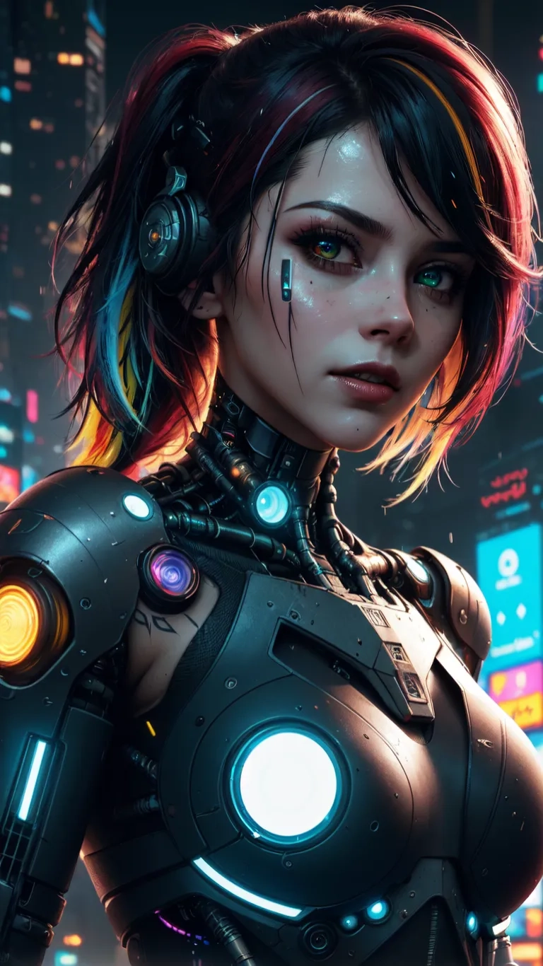 the futuristic cyber woman in cyber city at night with a city background and bright lights behind her and headphones on she has a futuristic hairs with
