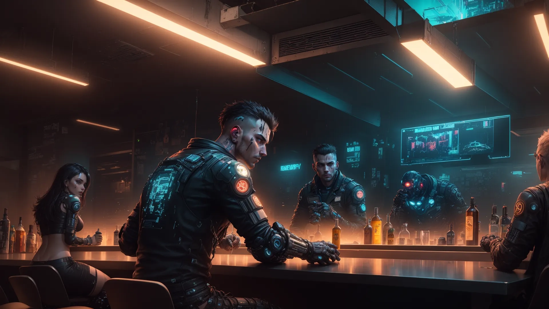 four men sitting at the bar with bartenders behind them and one woman standing nearby while an officer stands by holding an item in futuristic suits
