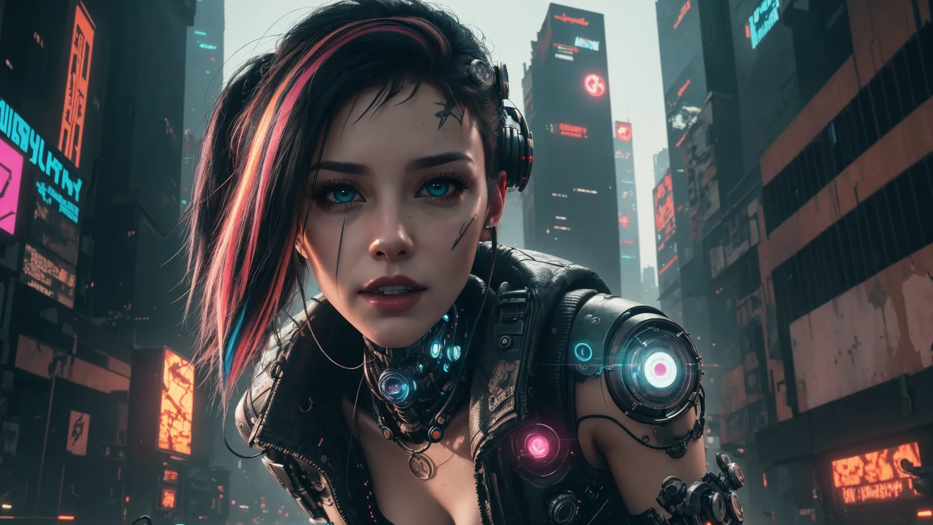 a woman wearing neon makeup and futuristic gear in a city, next to a neon clock tower the girl's hands are lit by colorful metal and she is her eyes
