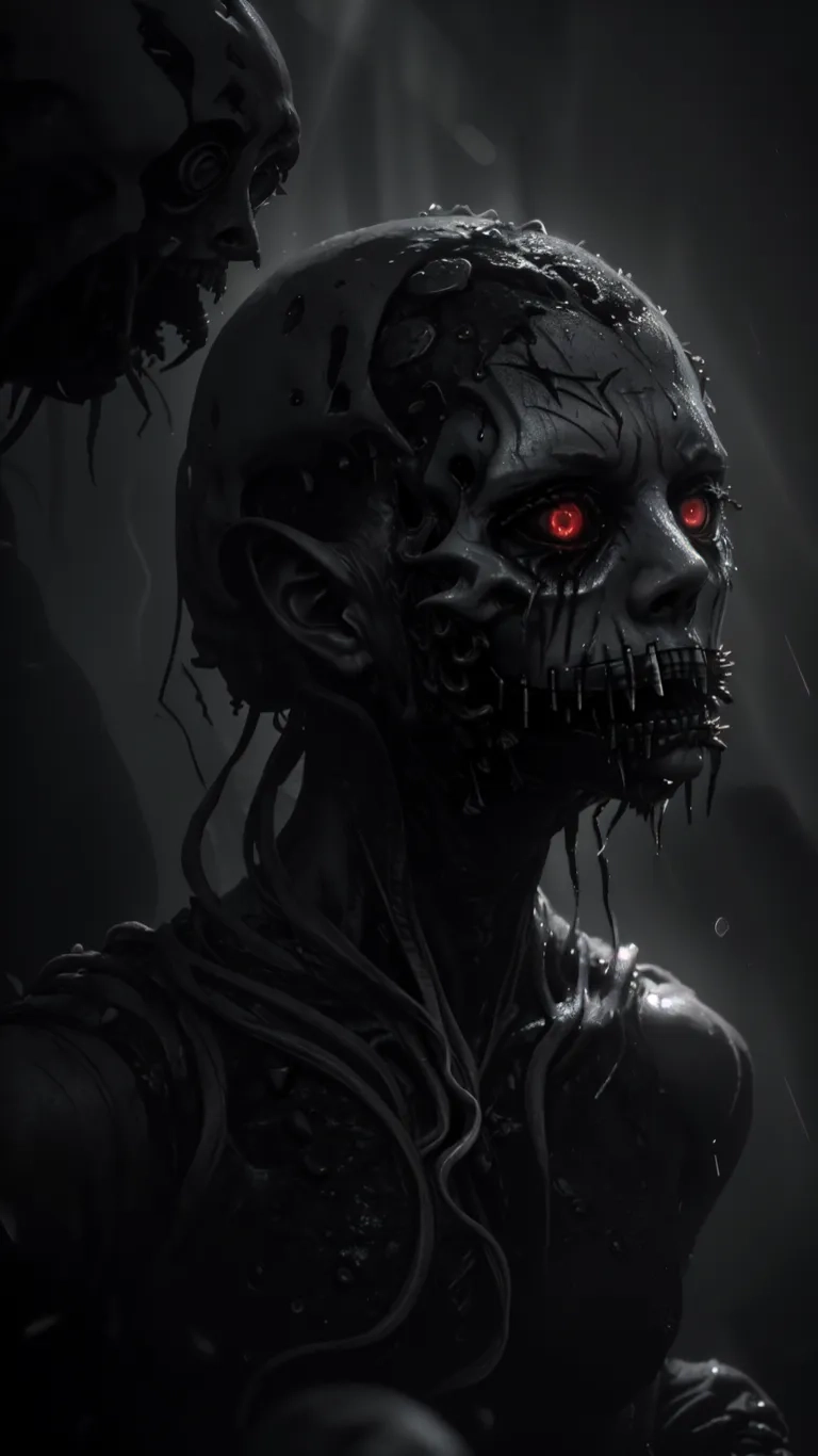 a close up view of a creepy looking creature in the dark with red eyes and head full of bones on his arm, with dark background
