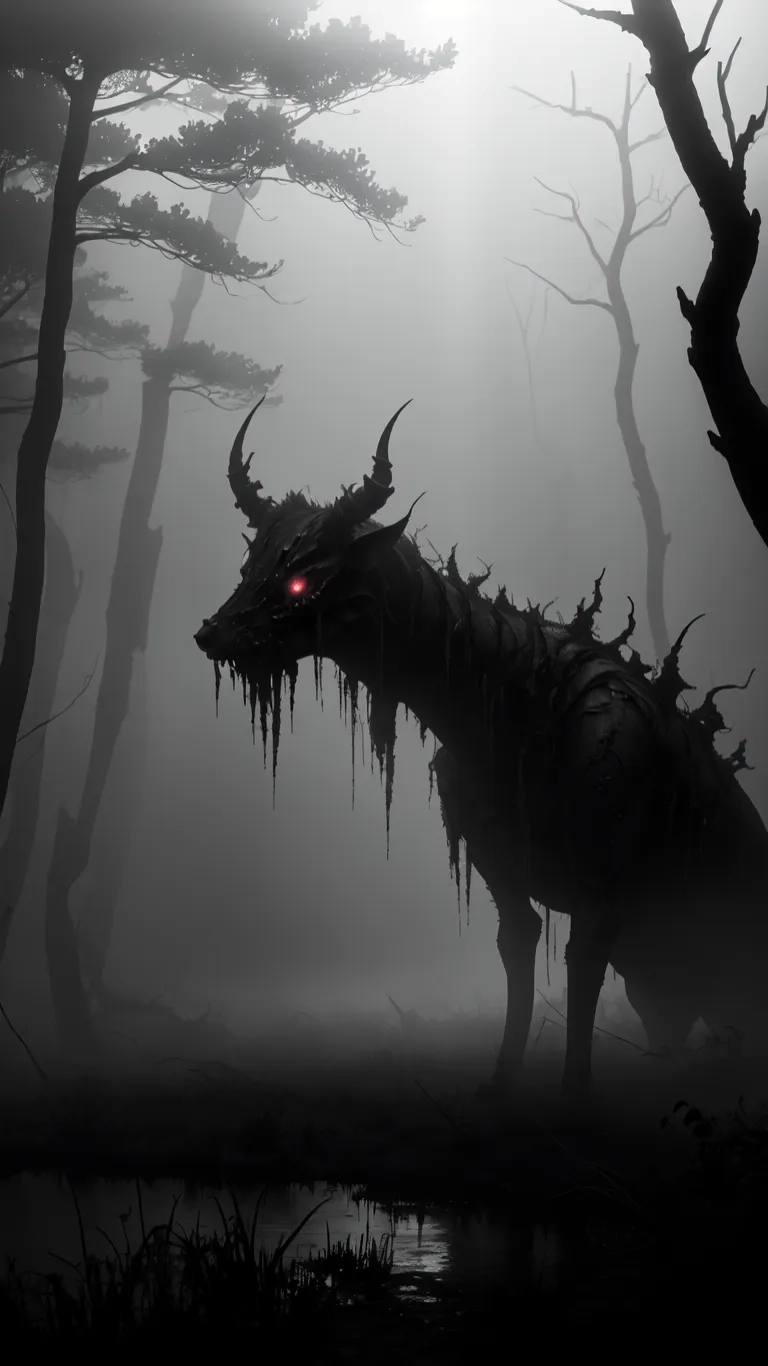 a fantasy looking animal is standing in the fog on the side of the street in a spooky forest with red eyes and a body of water
