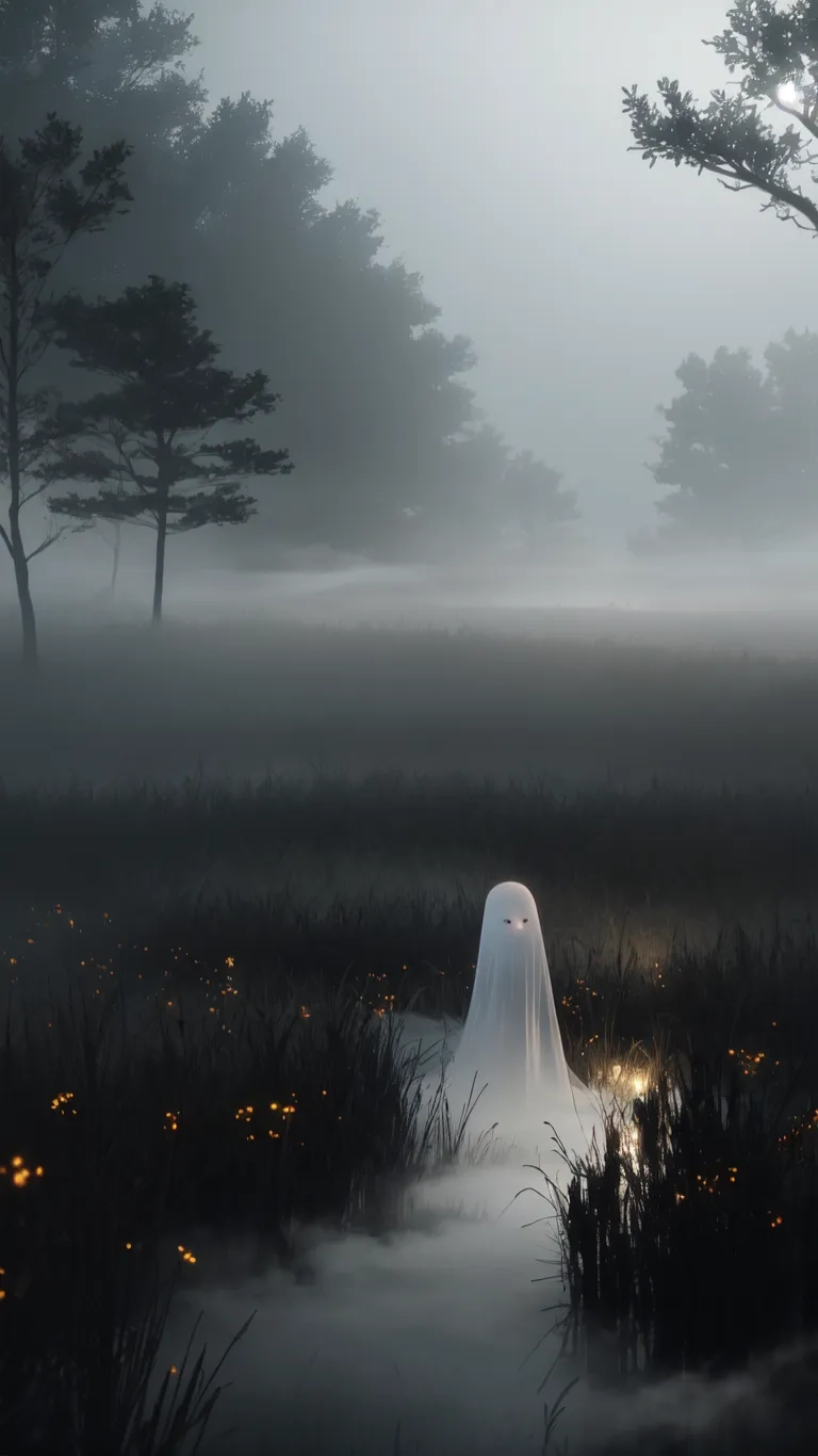 a ghostly ghost in a foggy field, near fireflies on a moonlit morning or evening with trees and other foliage behind it
