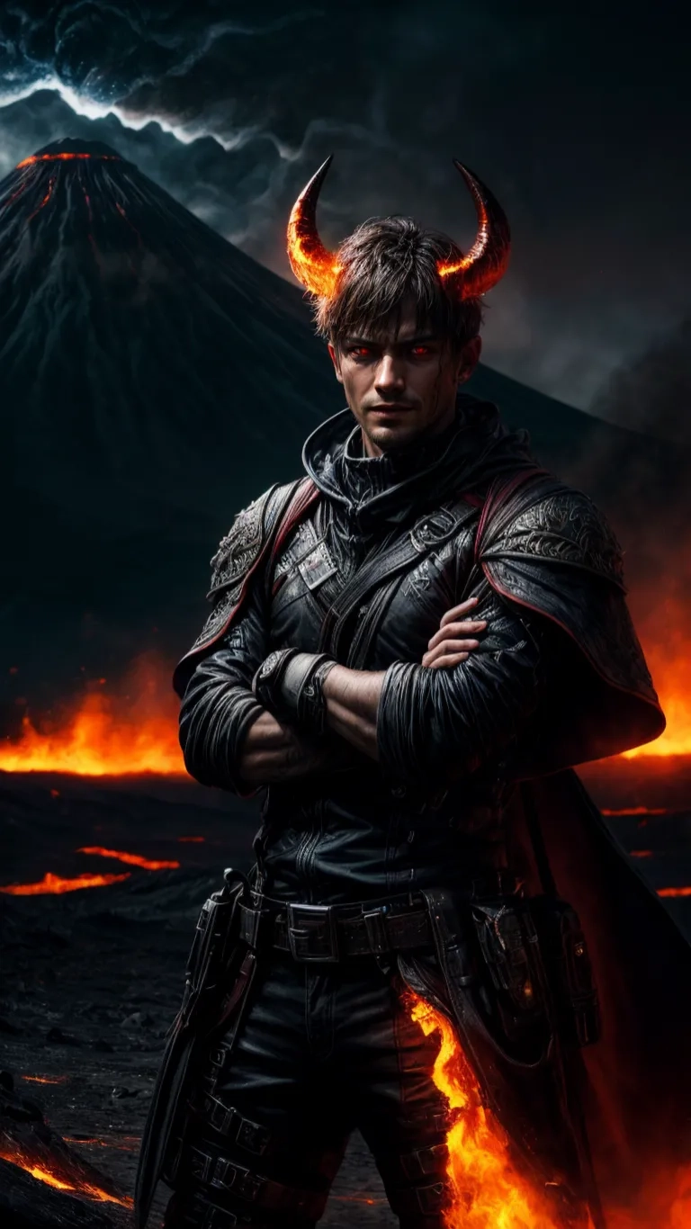 a male warrior stands alone on a hillside surrounded by lava and a burning mountain at night the image appears to be inspired by hellward
