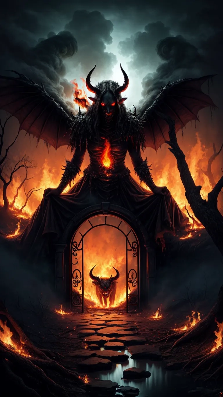 a wall of a demonic demon on fire in front of a gate with evil horns in the background and clouds in the sky above it
