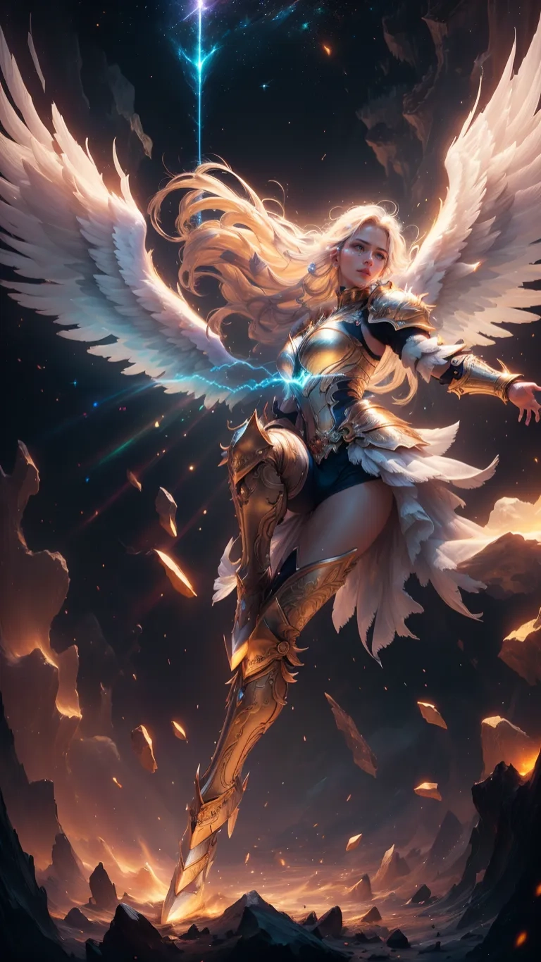 the angel with long hair flying on her back and arms outstretched above her head in prayer space with stars and lightning behind her and clouds
