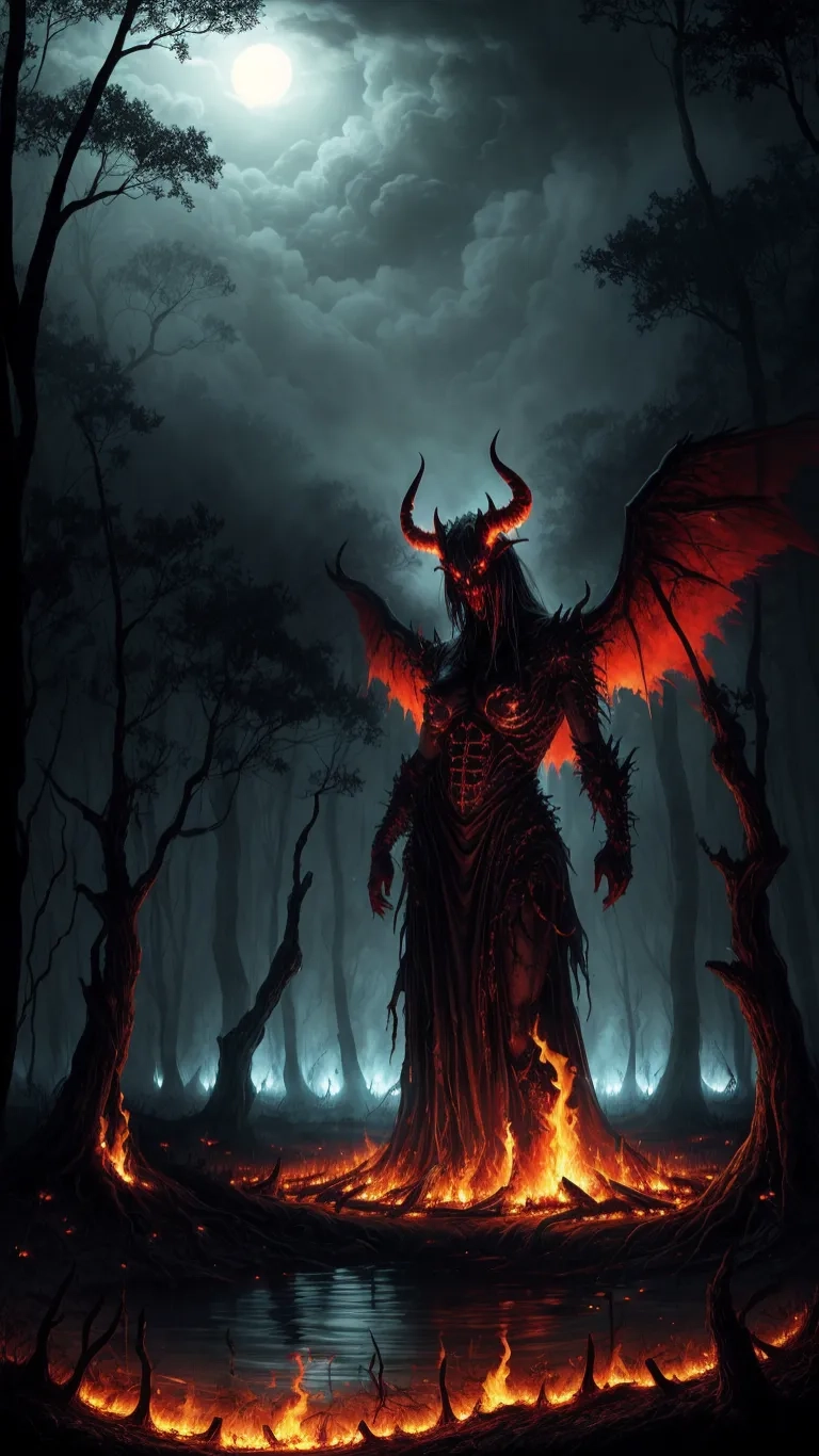 a demonic demon standing in the forest at night with flames around it and a full moon above him in the background on dark gloomy background
