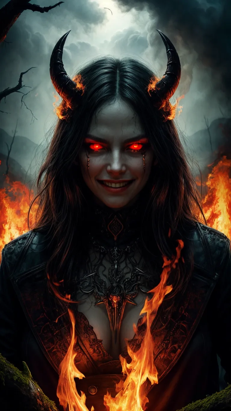 black beauty with horns and fangs on her face is burning out in the woods, surrounded by red flames or fire, in an illustration and smoke
