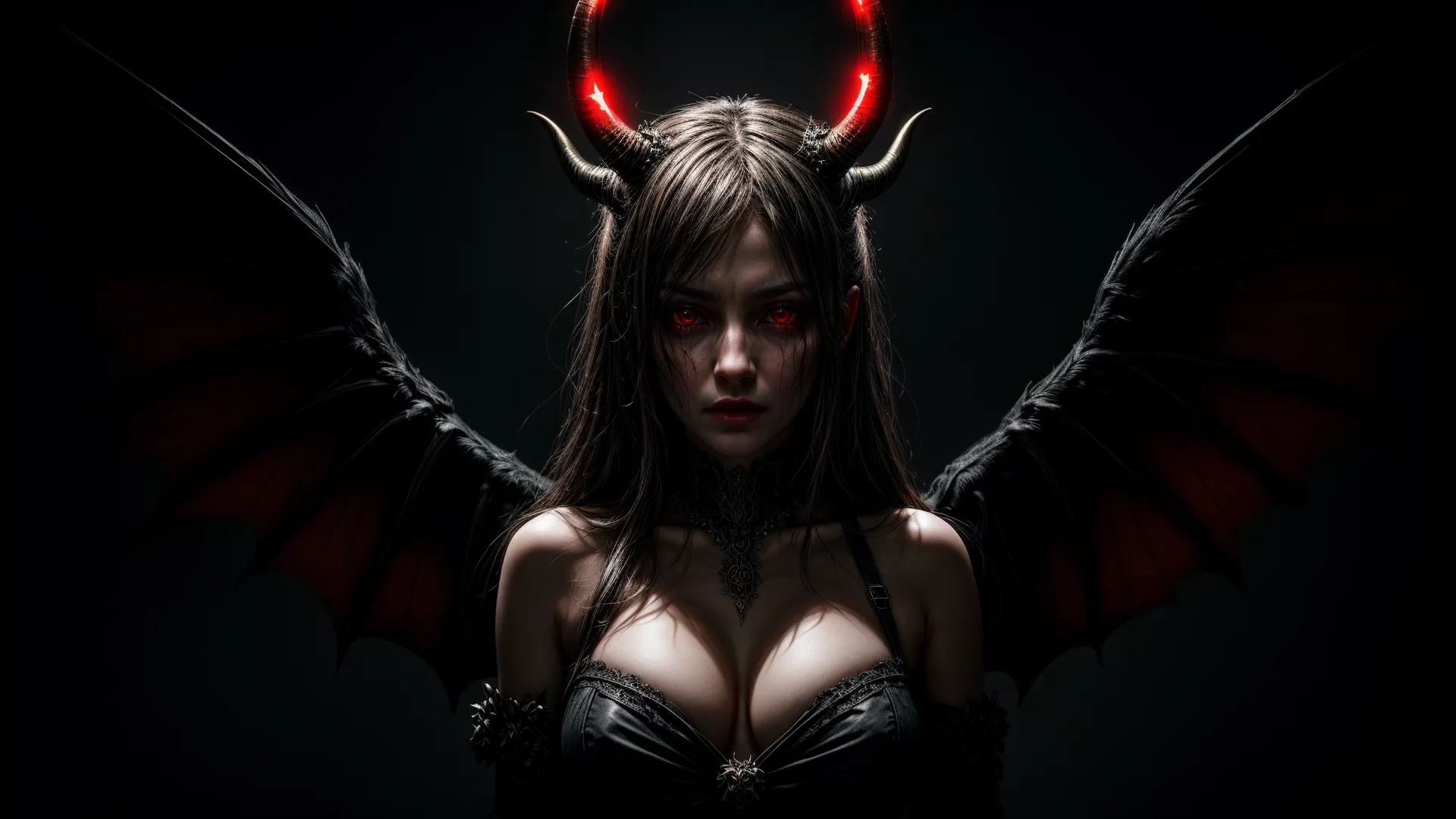 a woman dressed up in a gothish outfit and demon horns with long hair and glowing, slender eyes and large nipples holds a demon's head with horns
