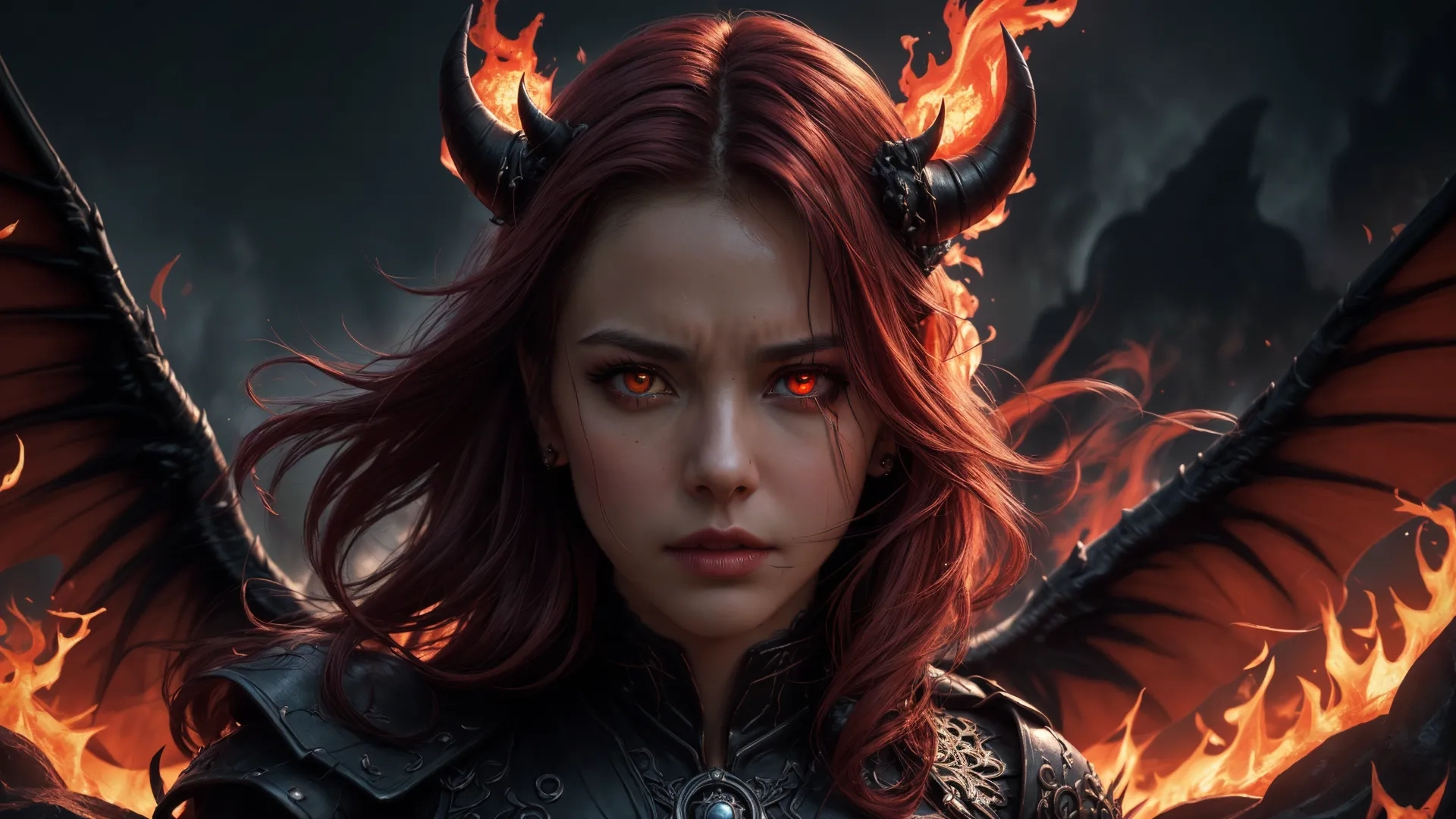 i wonder, this is a woman dressed as an angel looking into the camera, burning red orange flames, and a dark rocky background
