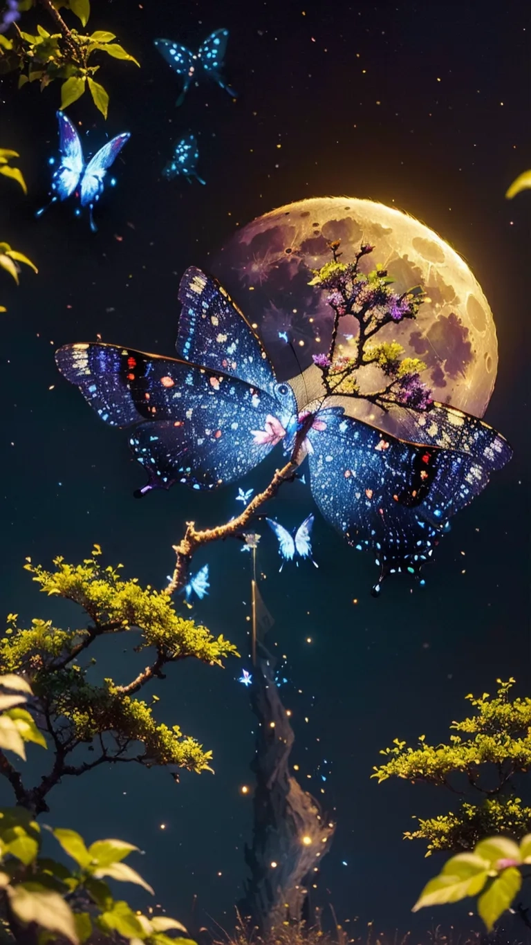 a painting with multiple butterflies and a full moon on it's back, in the night sky behind it is a tree and a hill with a grassy area of grass and bushes and trees
