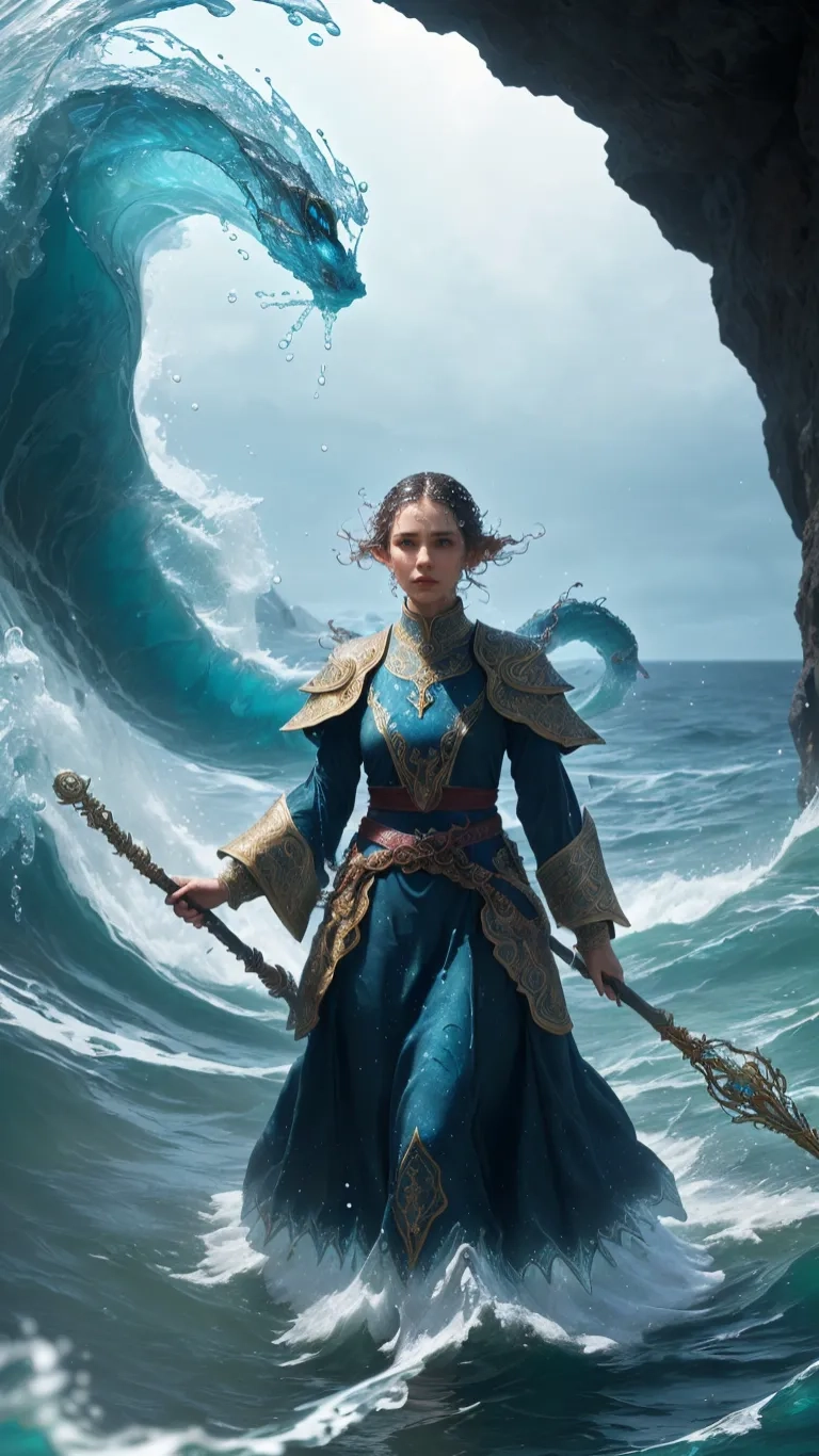 woman with sword near big ocean waves to her right and on water platform, in water with big wave in background, with man running through her hand
