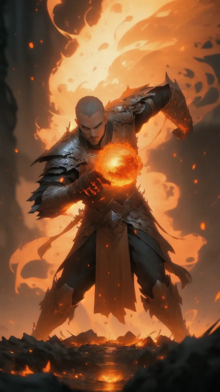 there is a digital artwork with some kind of man riding in flames and a ball of fire around him's feet, which appears to be glowing
