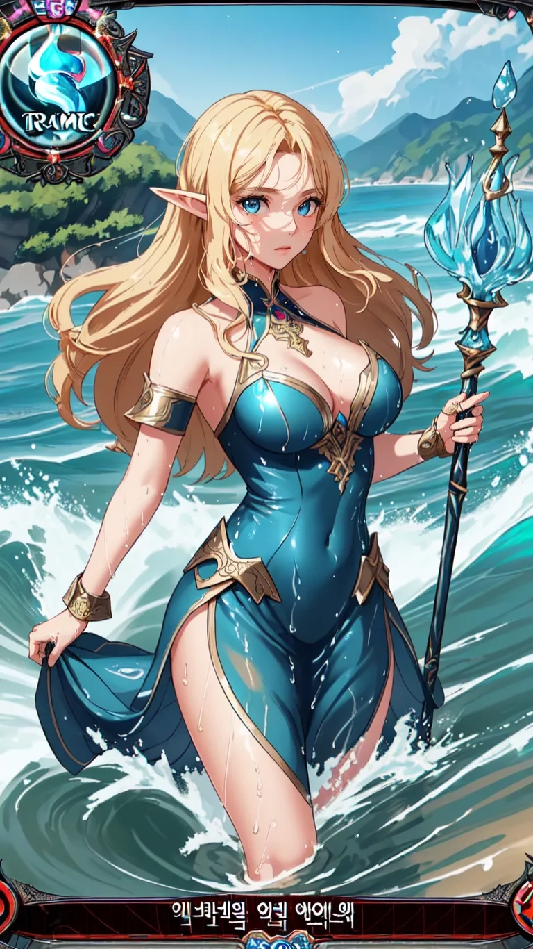 female character standing next to the ocean with a long spear and an open chest top bikini bikini clad in full body design for a deck - in world
