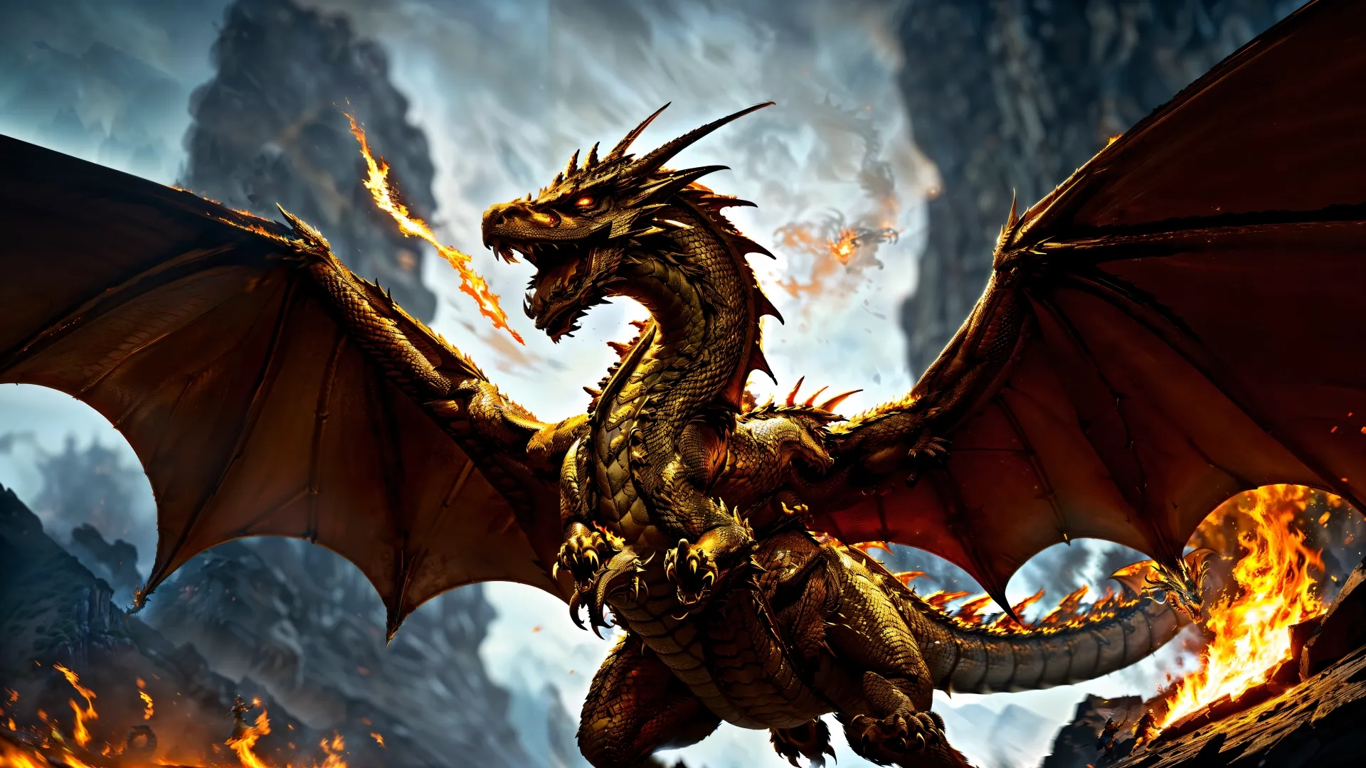 a large dragon is flying over a pile of fire and flames near some mountains with lots of smoke in the background and other vegetation out front
