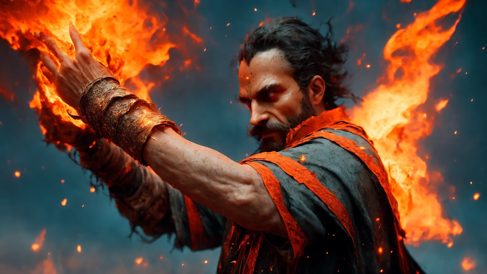 this is a still - life image of a man holding a burning fire rod and an arm with two flames in front of him and behind him
