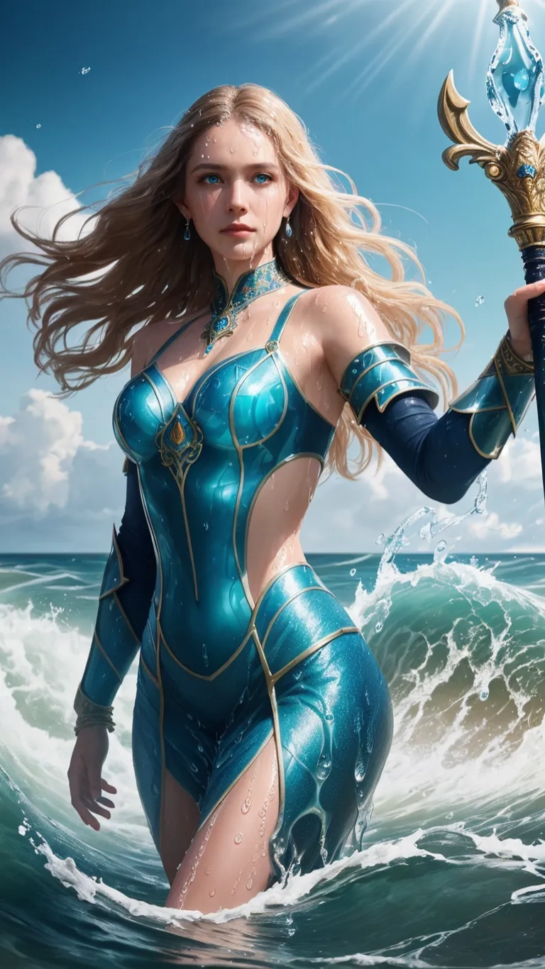 a female in the water holds a sword and is surrounded by water and blue waves, the body is covered with a siren armor suit
