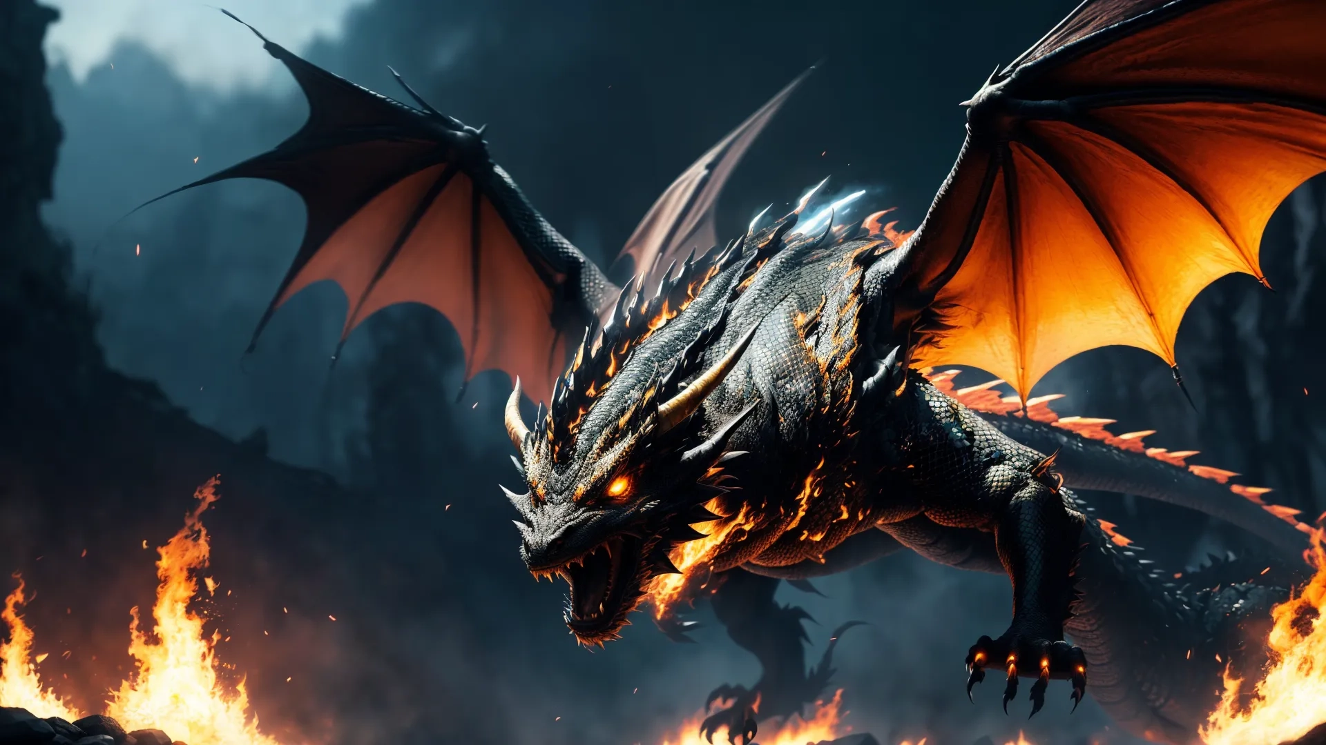 an image of a dragon flying over the fire of something on a mountaintop in the dark sky above it is smoke and flames, with its wings spread wide open
