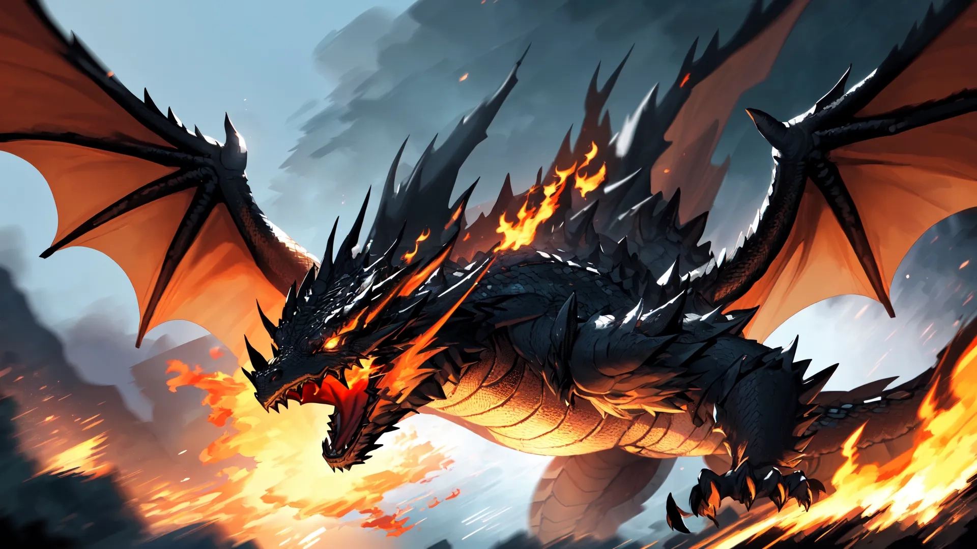 a dragon on fire against a black background, and dark clouds in the sky with large flames flying in the air to its feet and mouth
