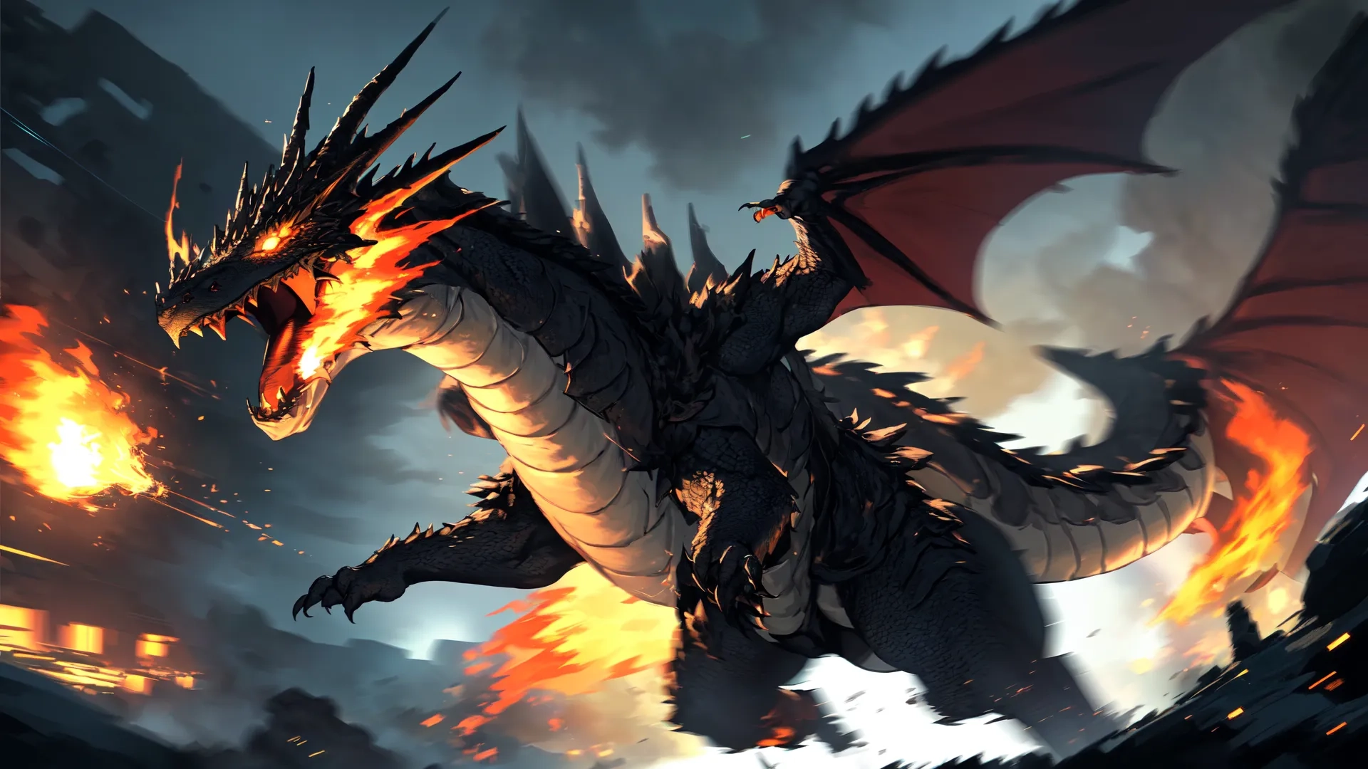 the white and orange dragon is flying above the lava field as it begins to fly by itself away, towards the viewer with huge flames
