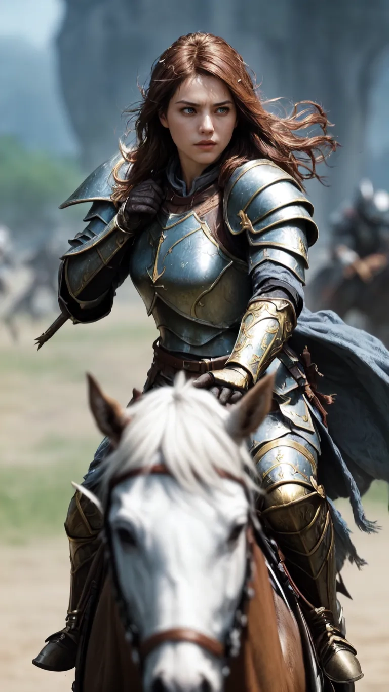 woman in armor riding down a dirt road on a horse and waving with her hands behind her back as people are racing on horseback are lined behind
