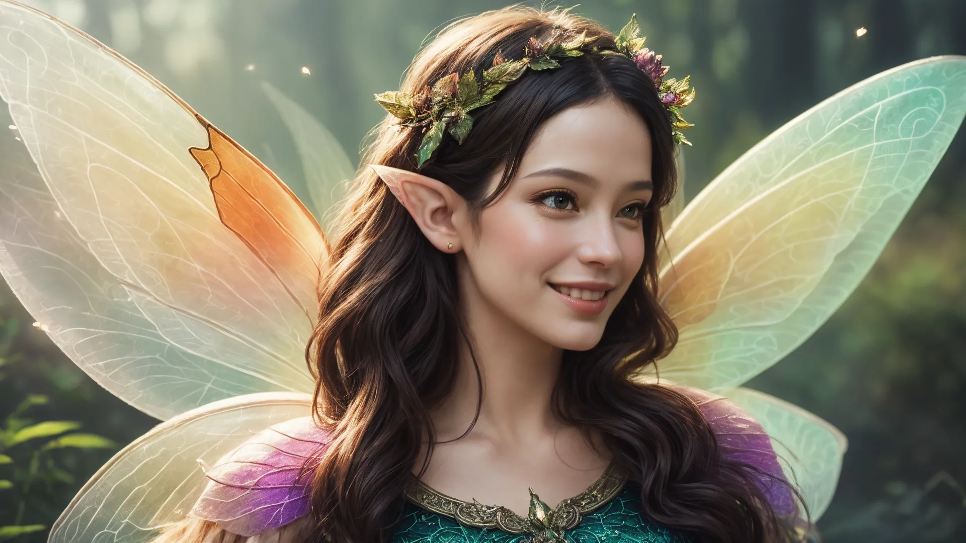 a girl with a butterfly wings and flower headband standing in front of bushes filled with grass and plants in the lightboxes, smiling
