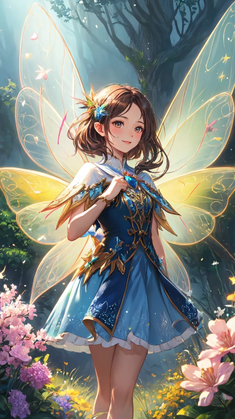 a young girl dressed as a fairy in a fairies wings dress holding an umbrella surrounded by flowers and trees there are also butterflies flying in the image
