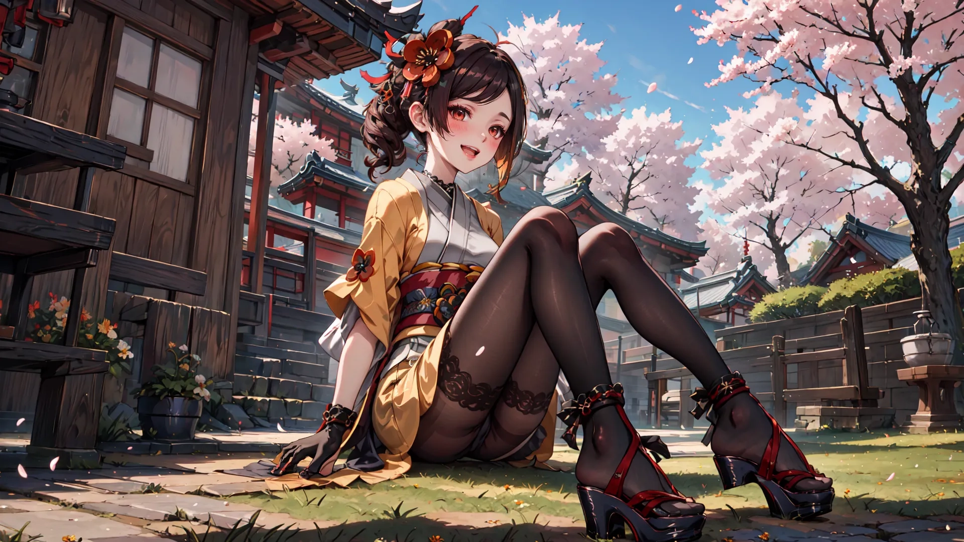 a woman has a very pretty high heely thing in the grass near a building and pink flowers with a cherry blossom in the background

