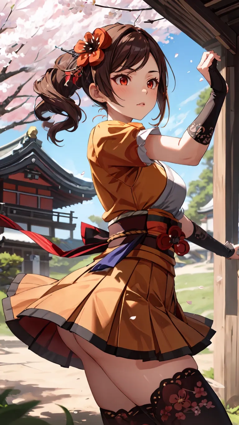 a girl is standing in front of a building with two swords in her hand and an umbrella behind her, and the other side of her hand on her head is half of her hair up,
