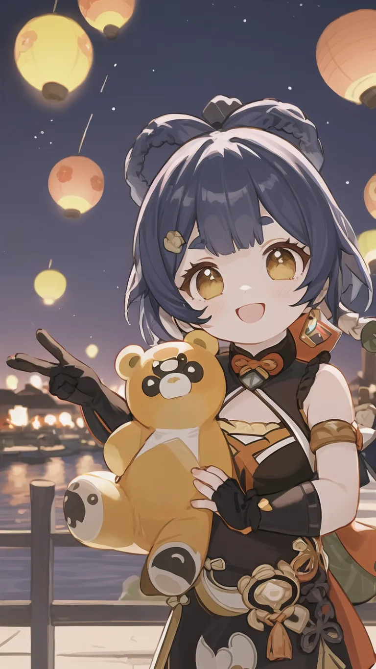 a cartooned character with glowing eyes on the night holding a teddy bear and standing against a fence near a body of water, balloons in the background
