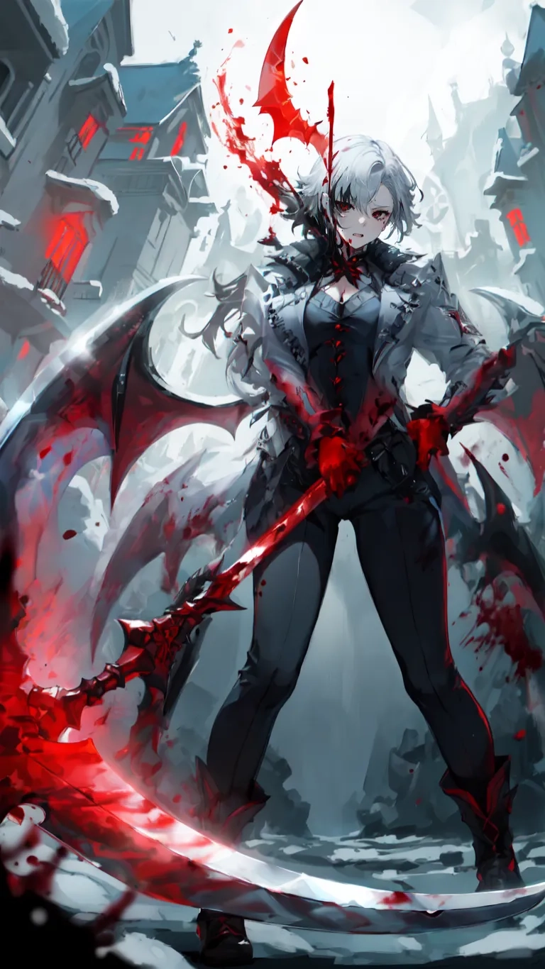 a female character in black and red with a sword in her hands is posing by a demonic creature with blood flying around her head, for art concept artwork
