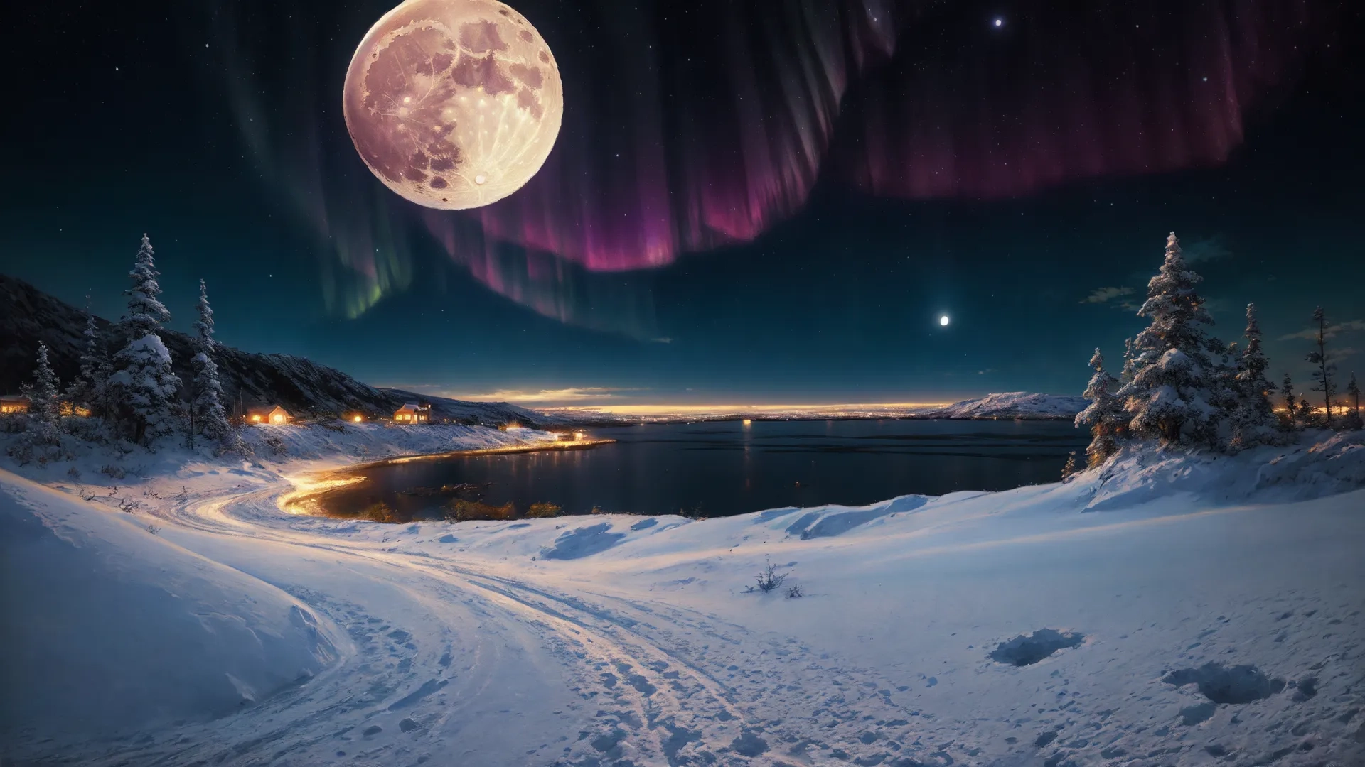 full moon set in a snowy landscape next to mountains and firs with green, pink and purple colored lights above the snow covered hills
