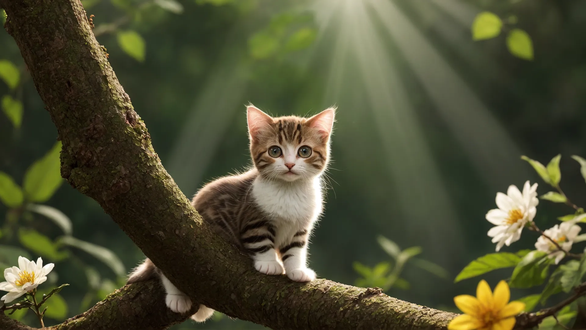 kitten sitting on top of branches and flowers with sun shining through trees in the background above from a low angle lensed picture of sunlight
