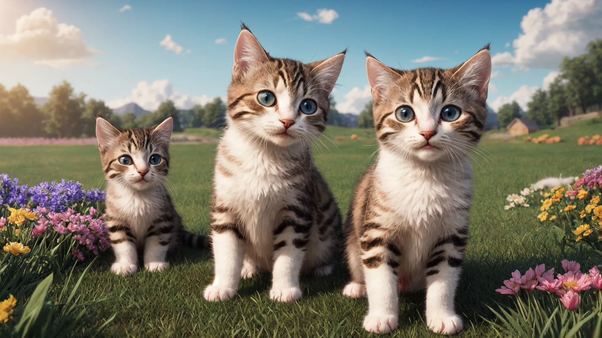 three adorable cats standing behind each other on the grass overlooking the view of flowers in the park or in the field nearby to them are white and green
