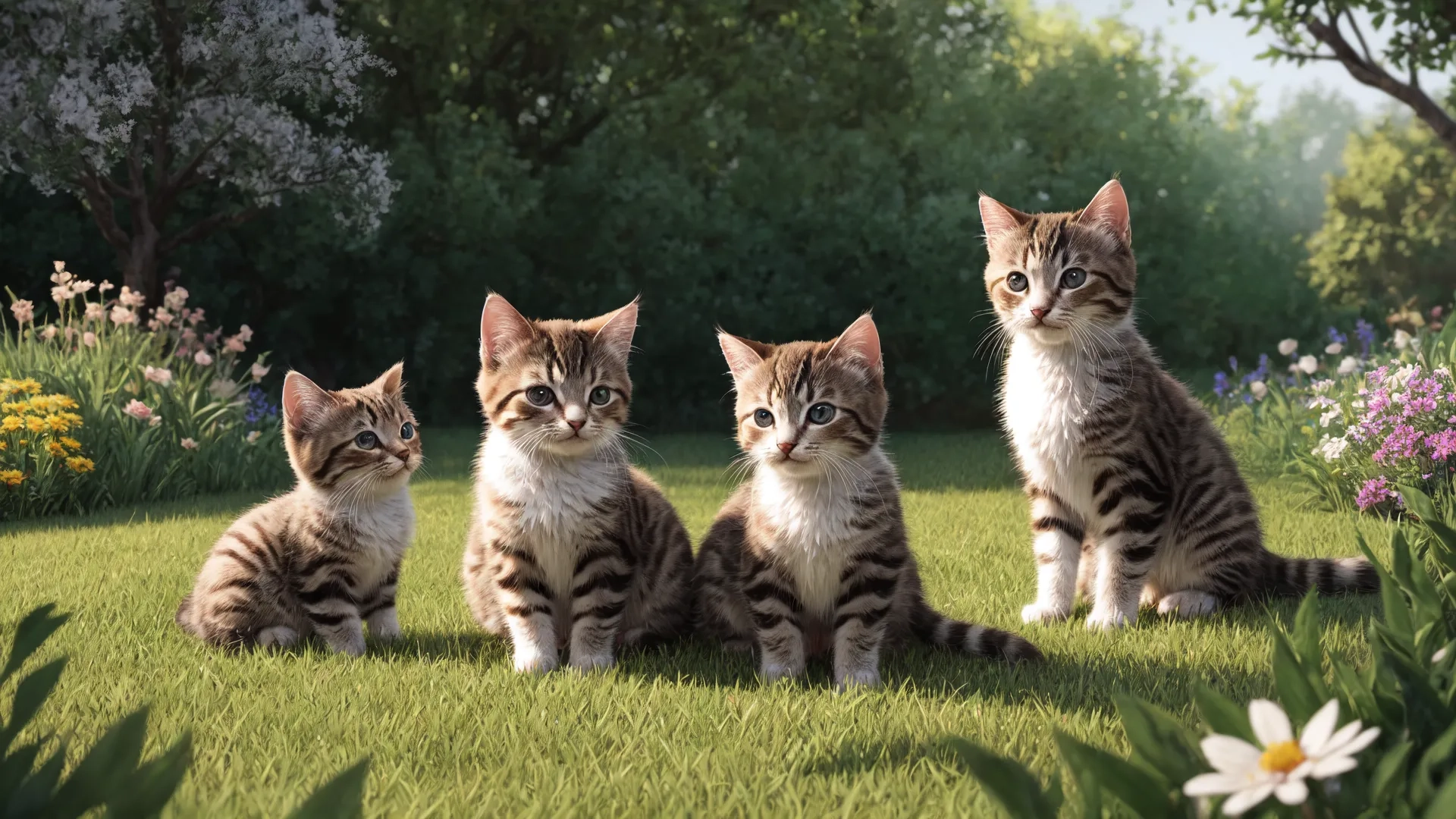 five kittens sitting on a lawn in their natural habitat with flowers, trees and bushes in the background is blue sky and white clouds
