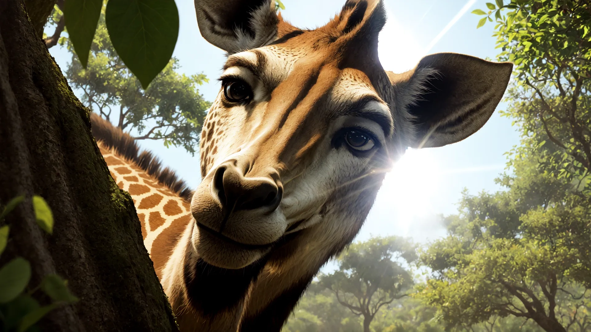 close up photo of giraffe with the camera on its head peering over the branches of the tree looking at the viewer with it's eye
