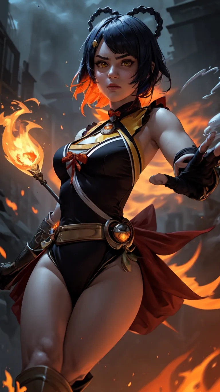 digital painting with an asian woman dressed in a black bodysuit and red hair holding a weapon to her left side body surrounded by flames from fire
