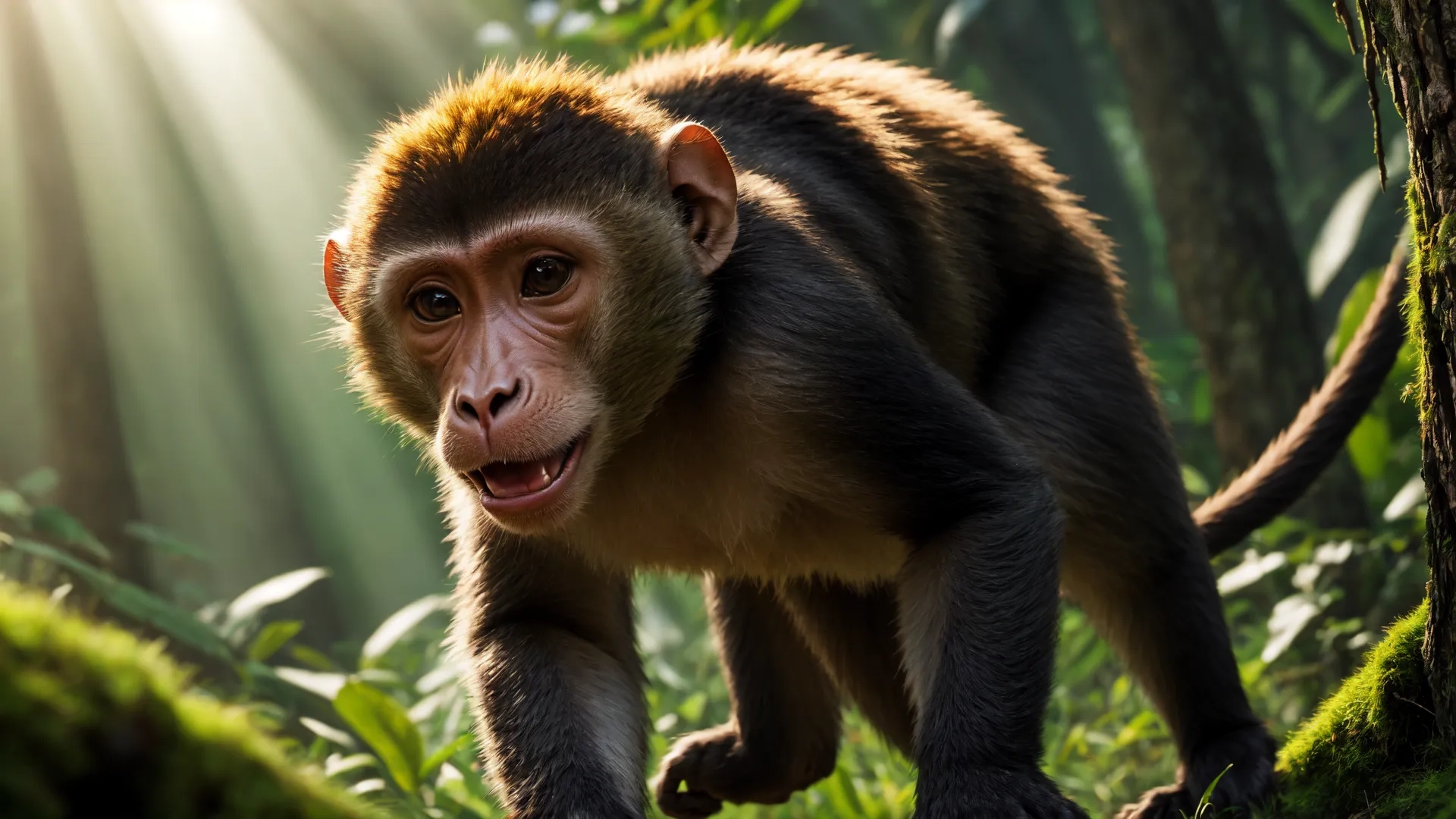 a cute monkey standing in the middle of a forest with sunlight streaming through its eyes and its face in the camera lens as it walks
