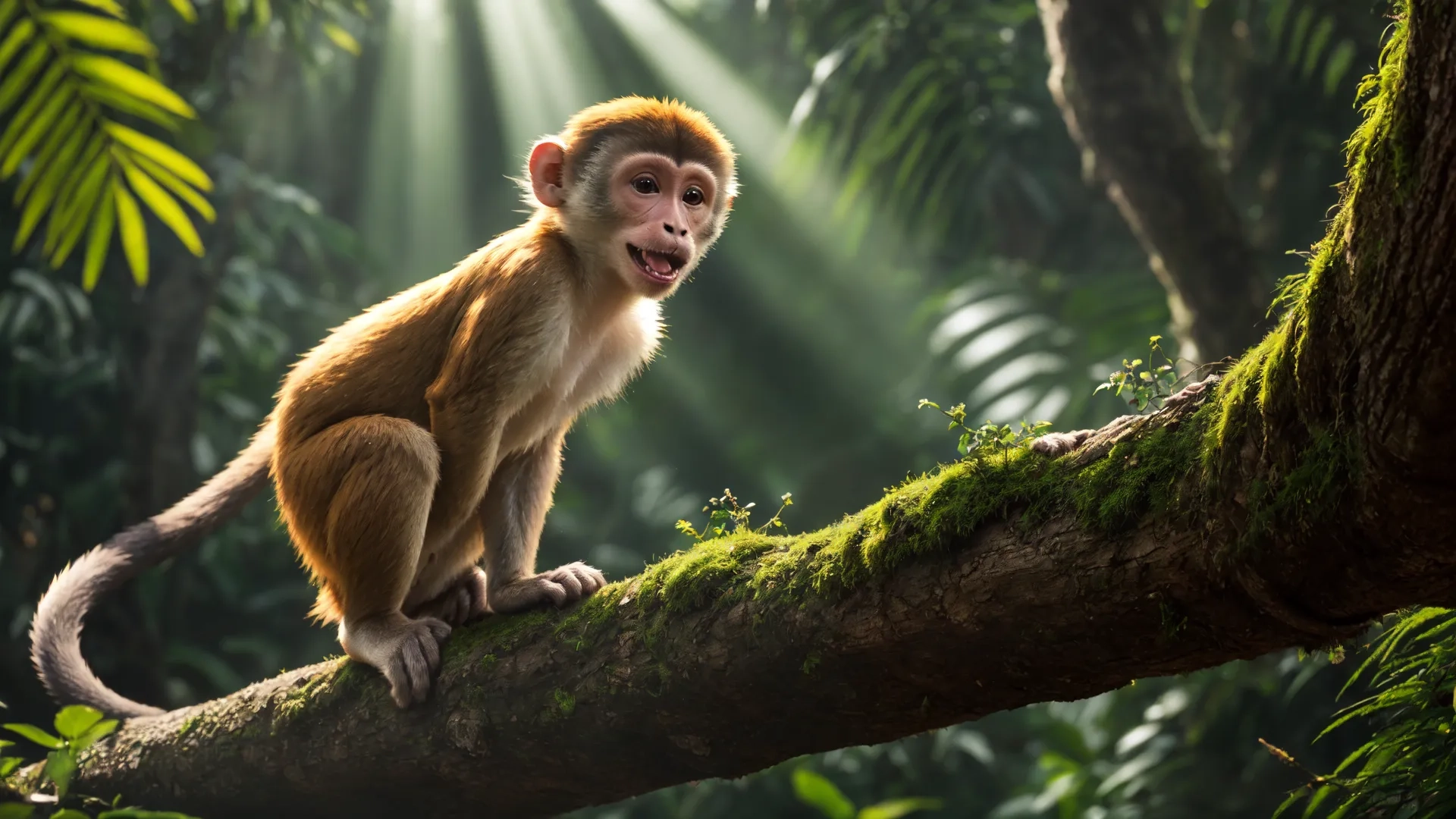 a monkey on a tree branch in the sun through some leaves and grass of a fern forest, with bright sunlight streaming down from the branches
