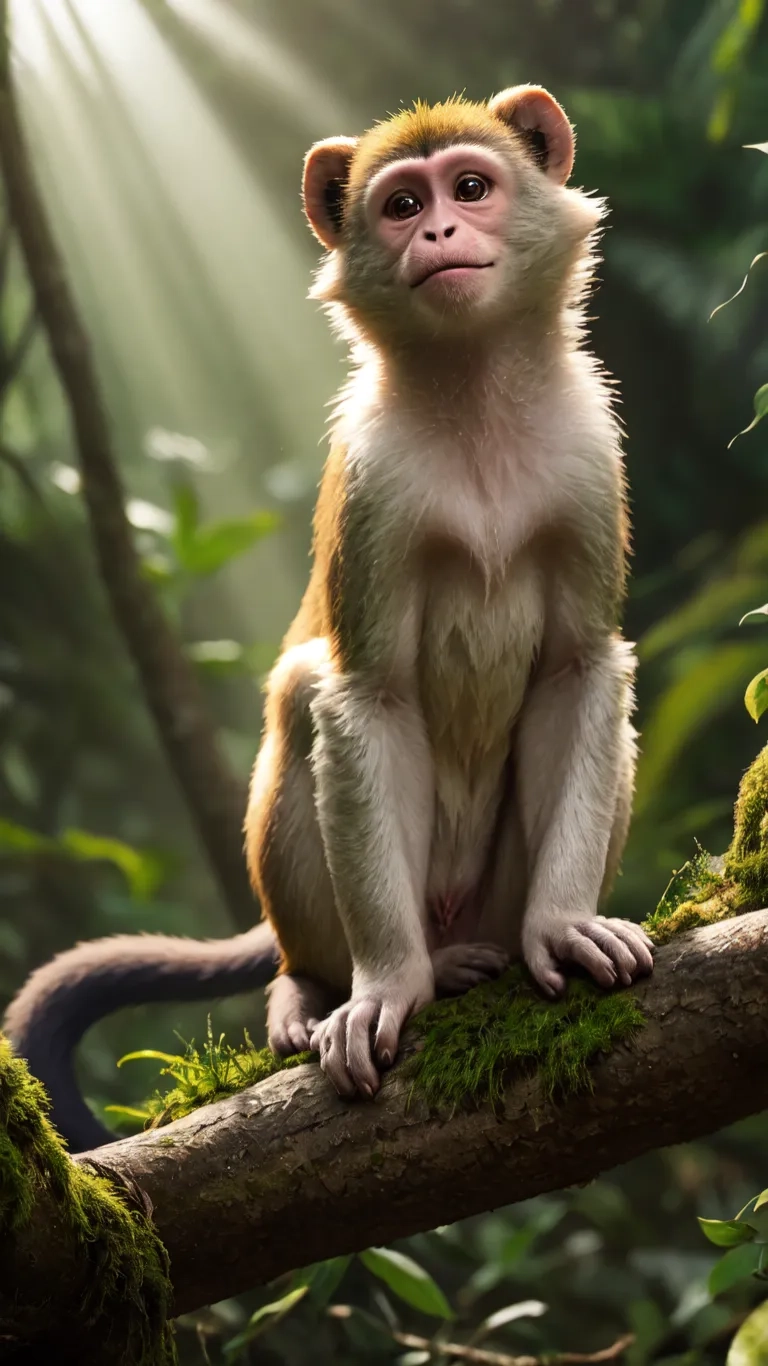 monkey sitting on log in forest with sun shining through branches and plants behind him or against it's background of greenery area and sunlight
